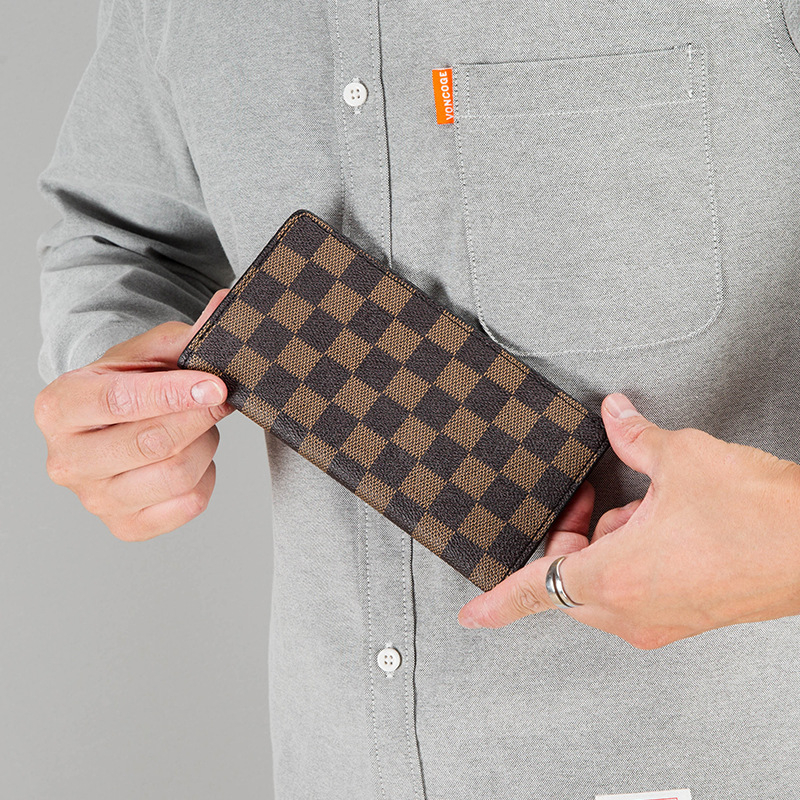 Portofel masculin lung din piele PU, model 3058, imprimeu geometric, brand BAZU, căptușeală din piele