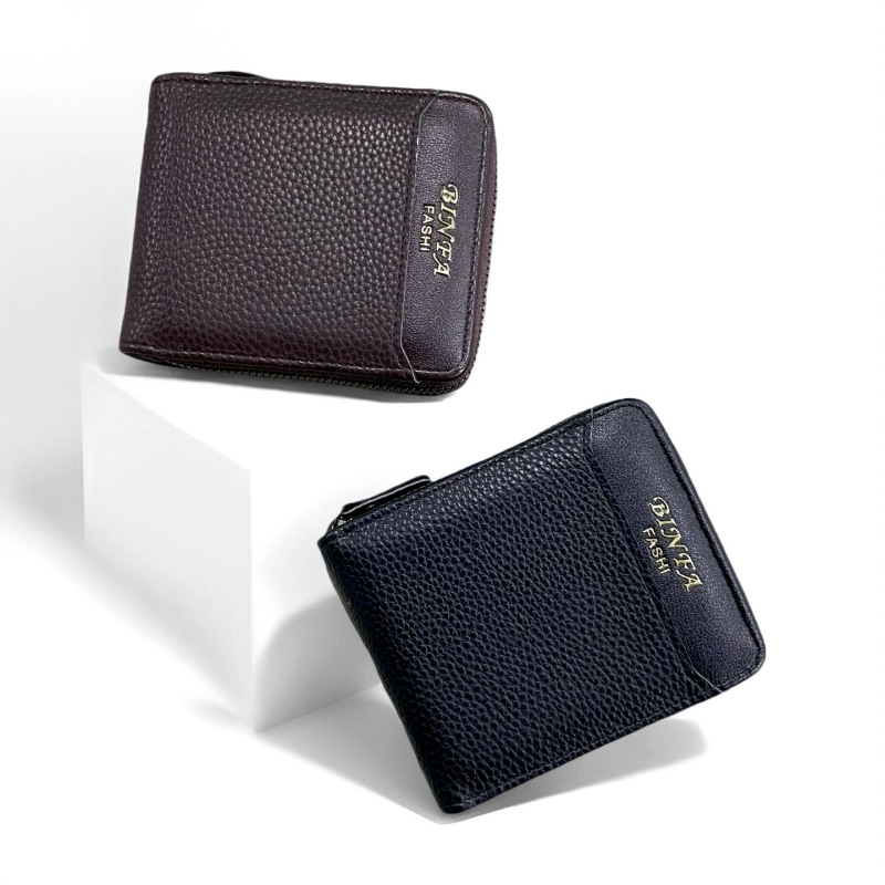 Portofel pentru bărbați din PU, scurt, pliabil, cu două pliuri, stil internațional, căptușeală din poliester