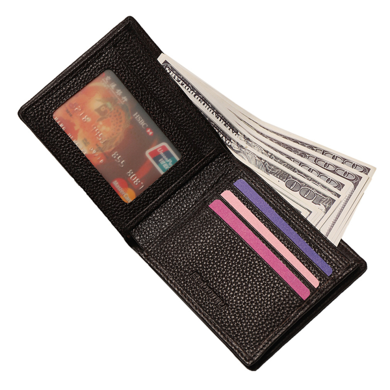 Portofel pentru bărbați din piele naturală, culoare solidă, cu mai multe compartimente pentru carduri și fereastră pentru ID