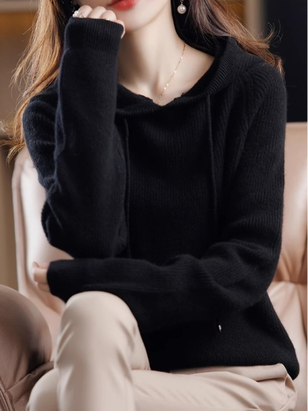 Γυναικείο πλεκτό φούτερ με κουκούλα, παχιά μείξη μαλλιού και κασμίρ, 3D μοτίβο, χαλαρή γραμμή, στρογγυλός λαιμός