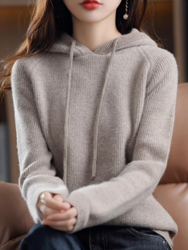 Γυναικείο πλεκτό φούτερ με κουκούλα, παχιά μείξη μαλλιού και κασμίρ, 3D μοτίβο, χαλαρή γραμμή, στρογγυλός λαιμός