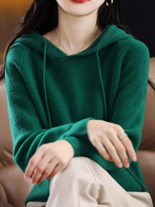 Γυναικείο πλεκτό φούτερ με κουκούλα, παχιά μείξη μαλλιού και κασμίρ, 3D μοτίβο, χαλαρή γραμμή, στρογγυλός λαιμός