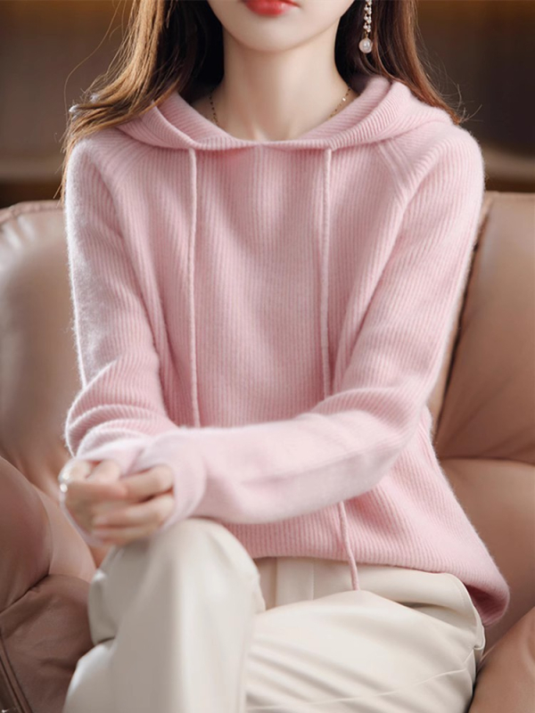 Γυναικείο πλεκτό φούτερ με κουκούλα, παχιά μείξη μαλλιού και κασμίρ, 3D μοτίβο, χαλαρή γραμμή, στρογγυλός λαιμός