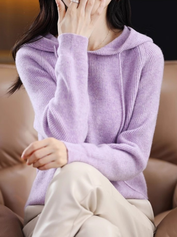 Γυναικείο πλεκτό φούτερ με κουκούλα, παχιά μείξη μαλλιού και κασμίρ, 3D μοτίβο, χαλαρή γραμμή, στρογγυλός λαιμός