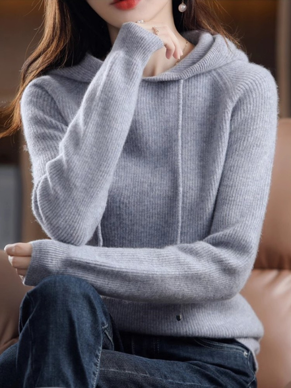 Γυναικείο πλεκτό φούτερ με κουκούλα, παχιά μείξη μαλλιού και κασμίρ, 3D μοτίβο, χαλαρή γραμμή, στρογγυλός λαιμός