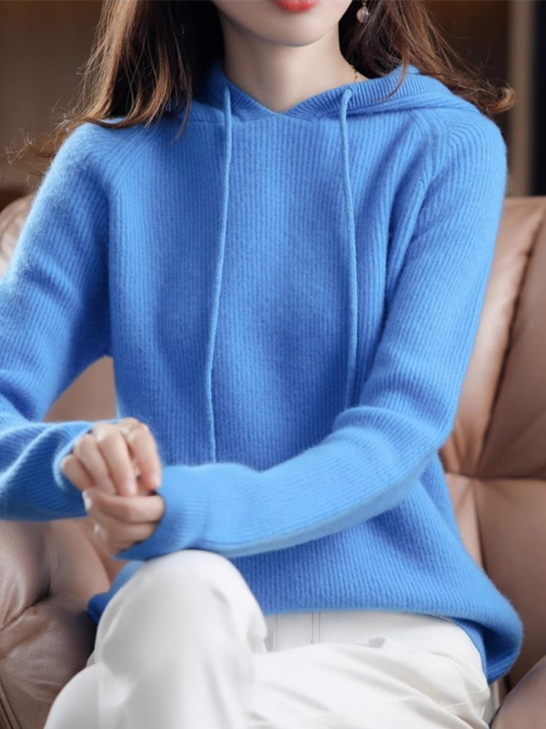 Γυναικείο πλεκτό φούτερ με κουκούλα, παχιά μείξη μαλλιού και κασμίρ, 3D μοτίβο, χαλαρή γραμμή, στρογγυλός λαιμός