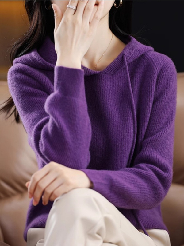 Γυναικείο πλεκτό φούτερ με κουκούλα, παχιά μείξη μαλλιού και κασμίρ, 3D μοτίβο, χαλαρή γραμμή, στρογγυλός λαιμός