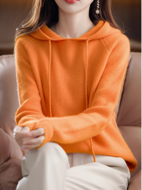 Γυναικείο πλεκτό φούτερ με κουκούλα, παχιά μείξη μαλλιού και κασμίρ, 3D μοτίβο, χαλαρή γραμμή, στρογγυλός λαιμός