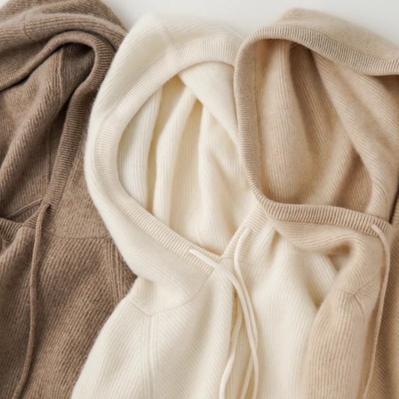 Γυναικείο πλεκτό φούτερ με κουκούλα, παχιά μείξη μαλλιού και κασμίρ, 3D μοτίβο, χαλαρή γραμμή, στρογγυλός λαιμός