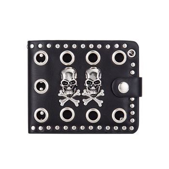 Portofel masculin cu cranii duble și lanț, piele PU, stil retro, design cu 1 pliură