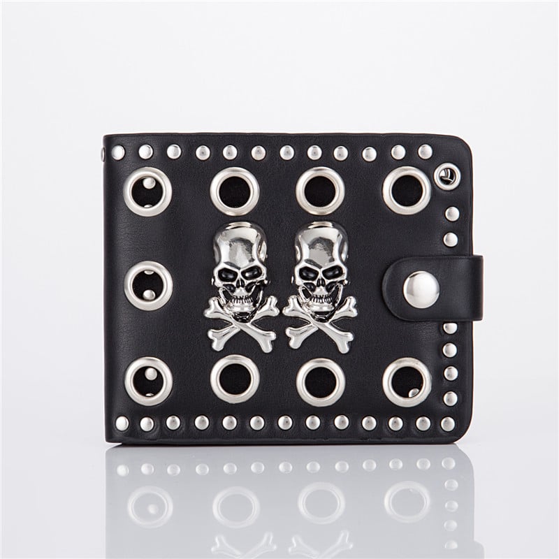 Portofel masculin cu cranii duble și lanț, piele PU, stil retro, design cu 1 pliură
