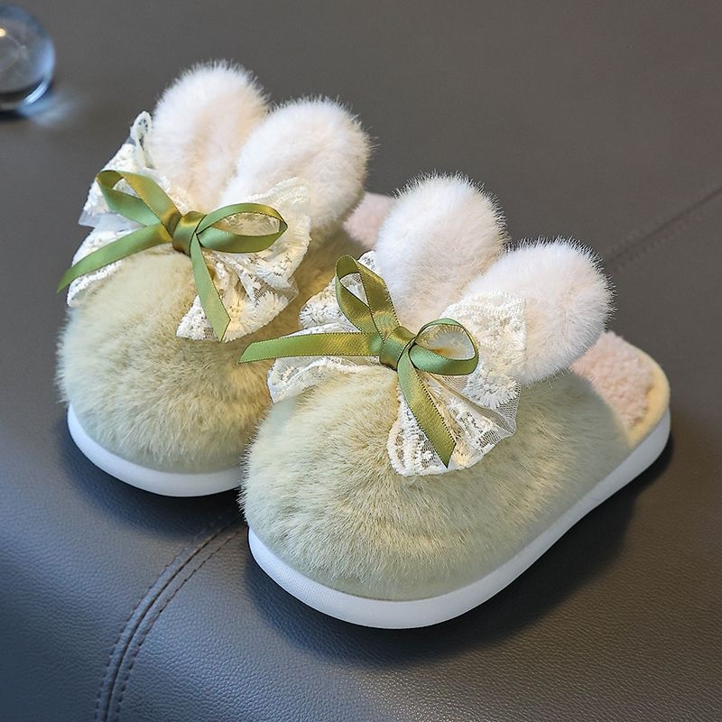 Dječje plišane papuče za unutarnju upotrebu, unisex, zima, protuklizna PVC potplat, uzorak mašna, korejskog stila