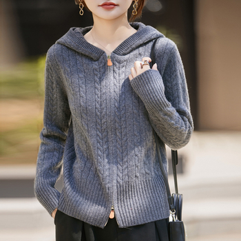 Ženski vuneni kardigan s kapuljom, debelo pletenje, kabelski uzorak, dvostruki zip, sadržaj vune 95%+