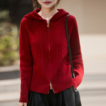 Ženski vuneni kardigan s kapuljom, debelo pletenje, kabelski uzorak, dvostruki zip, sadržaj vune 95%+