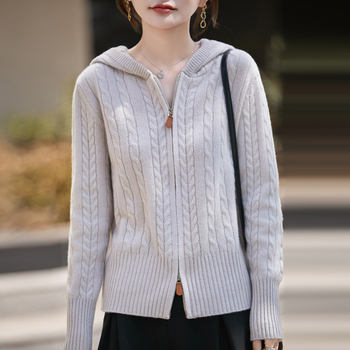 Ženski vuneni kardigan s kapuljom, debelo pletenje, kabelski uzorak, dvostruki zip, sadržaj vune 95%+