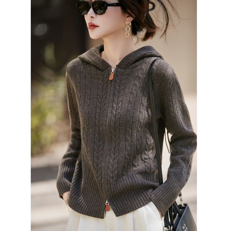 Ženski vuneni kardigan s kapuljom, debelo pletenje, kabelski uzorak, dvostruki zip, sadržaj vune 95%+