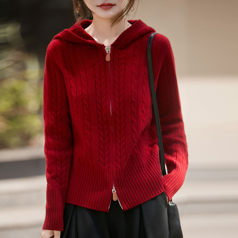 Ženski vuneni kardigan s kapuljom, debelo pletenje, kabelski uzorak, dvostruki zip, sadržaj vune 95%+