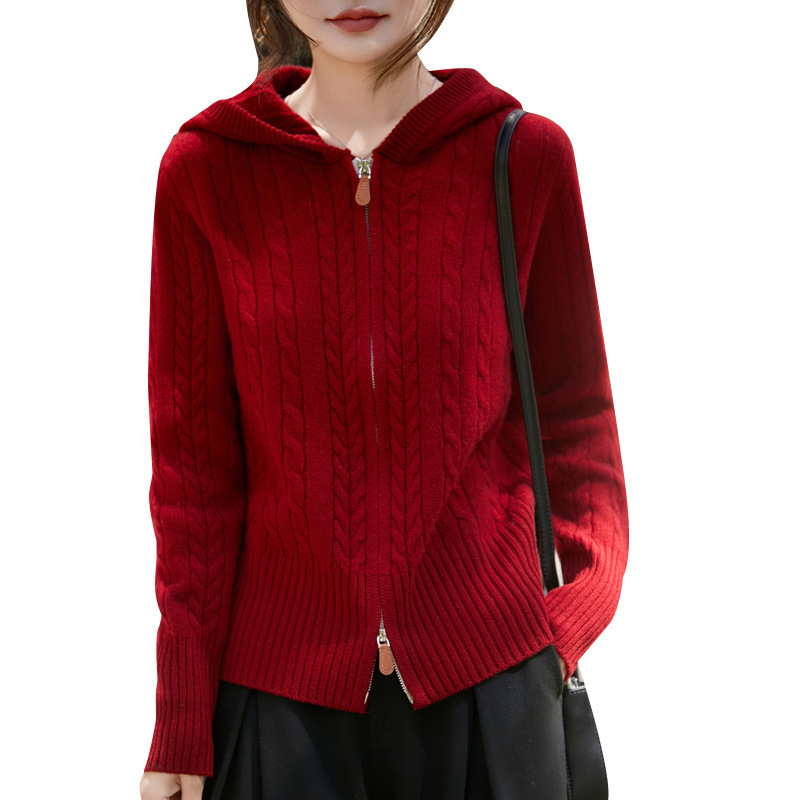 Ženski vuneni kardigan s kapuljom, debelo pletenje, kabelski uzorak, dvostruki zip, sadržaj vune 95%+