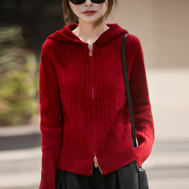 Ženski vuneni kardigan s kapuljom, debelo pletenje, kabelski uzorak, dvostruki zip, sadržaj vune 95%+