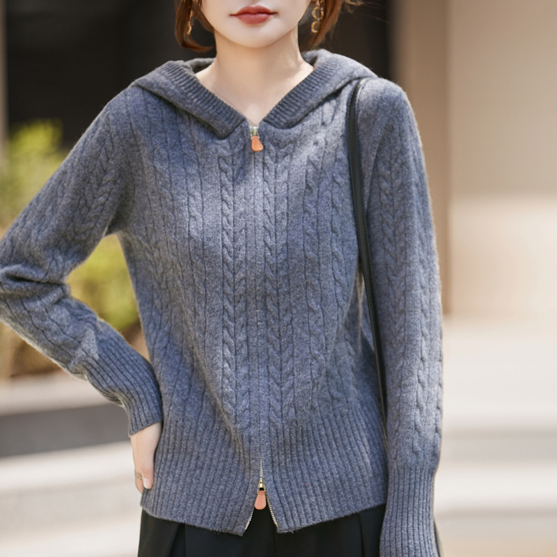 Ženski vuneni kardigan s kapuljom, debelo pletenje, kabelski uzorak, dvostruki zip, sadržaj vune 95%+