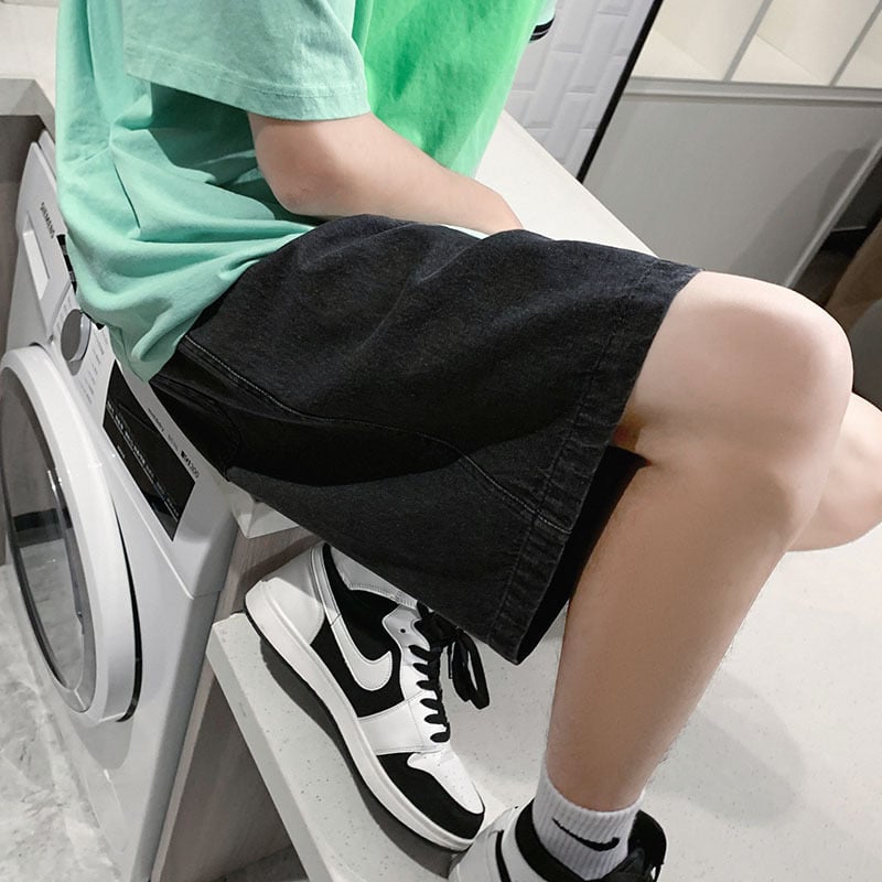 Șorturi denim pentru bărbați, croială dreaptă, talie medie, lungime cinci sferturi, micro-elasticitate, 100% poliester