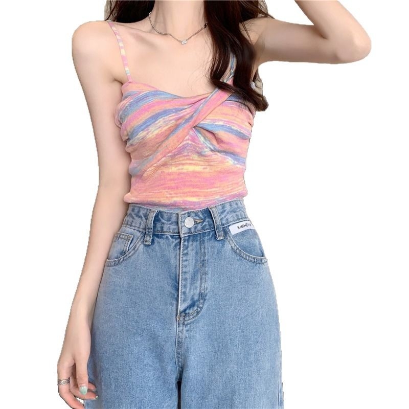 Дамски плетен потник с тънки презрамки, свеж стил, Slim fit, къс модел, вискозно влакно