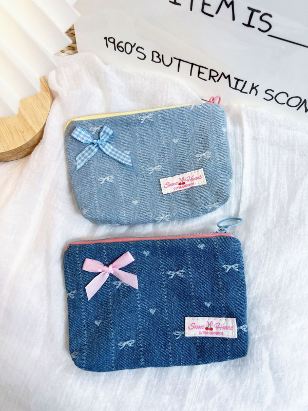 Denim masni mintás érme- és kozmetikai táska — ultra könnyű, hordozható, vászon béléssel, mindennapi használatra
