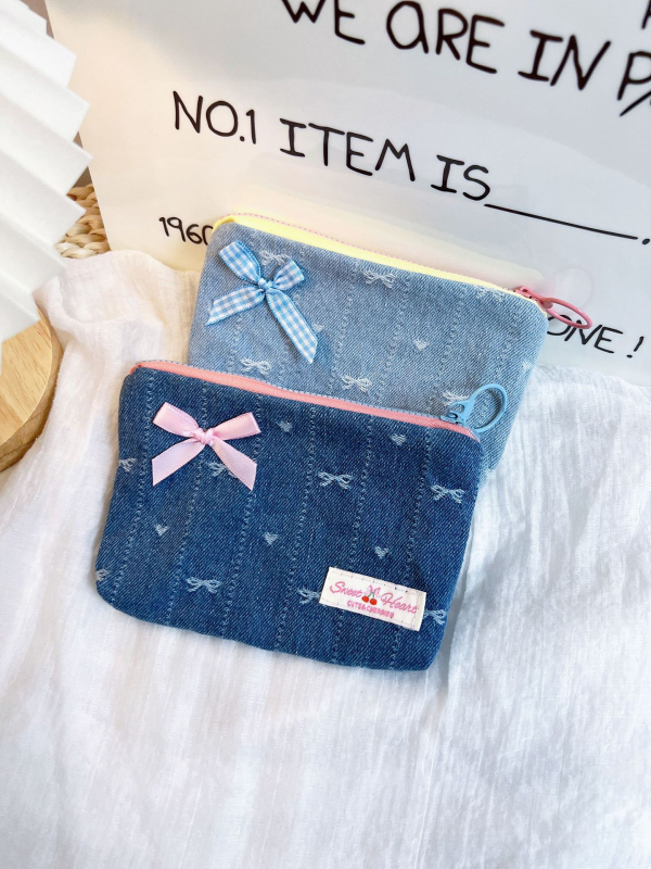 Denim masni mintás érme- és kozmetikai táska — ultra könnyű, hordozható, vászon béléssel, mindennapi használatra