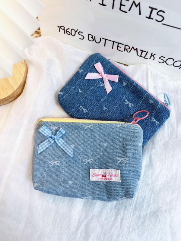 Denim masni mintás érme- és kozmetikai táska — ultra könnyű, hordozható, vászon béléssel, mindennapi használatra