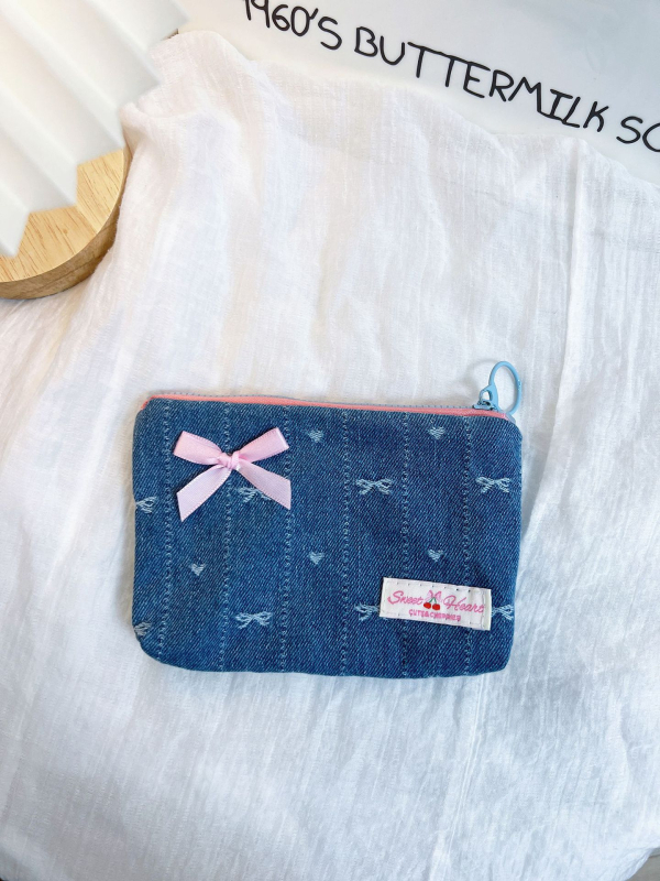 Denim masni mintás érme- és kozmetikai táska — ultra könnyű, hordozható, vászon béléssel, mindennapi használatra