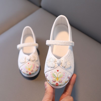 Dječje Hanfu cipele, izvezeni platneni model leptira, gornji dio od jacquard pamuka, elastična kopča, protuklizna potplat, svakodnevna Hanfu/dans obuća, etnički stil