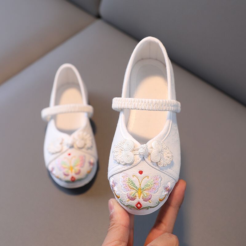 Dječje Hanfu cipele, izvezeni platneni model leptira, gornji dio od jacquard pamuka, elastična kopča, protuklizna potplat, svakodnevna Hanfu/dans obuća, etnički stil