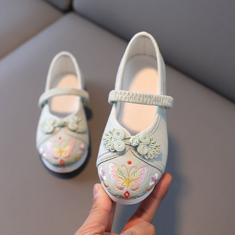 Dječje Hanfu cipele, izvezeni platneni model leptira, gornji dio od jacquard pamuka, elastična kopča, protuklizna potplat, svakodnevna Hanfu/dans obuća, etnički stil