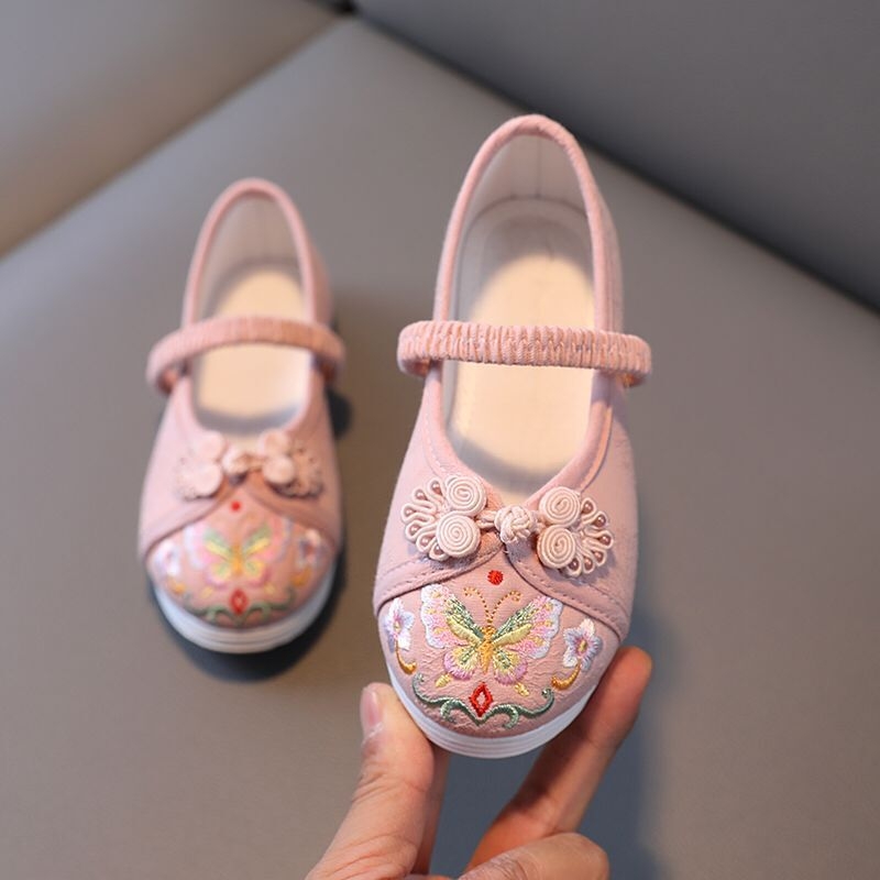 Dječje Hanfu cipele, izvezeni platneni model leptira, gornji dio od jacquard pamuka, elastična kopča, protuklizna potplat, svakodnevna Hanfu/dans obuća, etnički stil