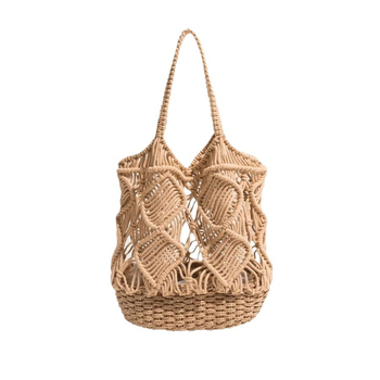 Torba za rameno, ručno pleteni pamuk, vertikalni kvadratni oblik, otvoreni gornji dio, džepovi za telefon/ID/kameru, podstava od platna