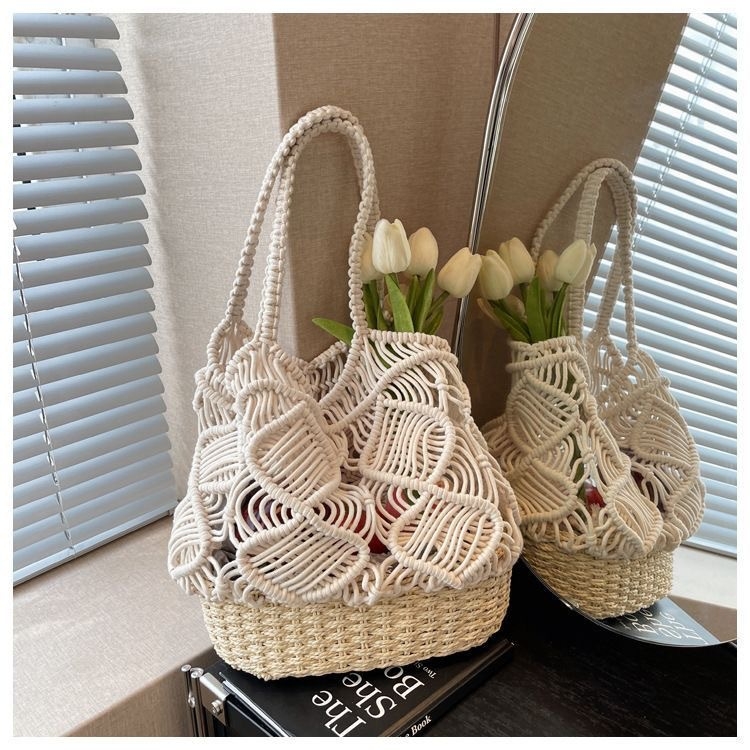 Torba za rameno, ručno pleteni pamuk, vertikalni kvadratni oblik, otvoreni gornji dio, džepovi za telefon/ID/kameru, podstava od platna