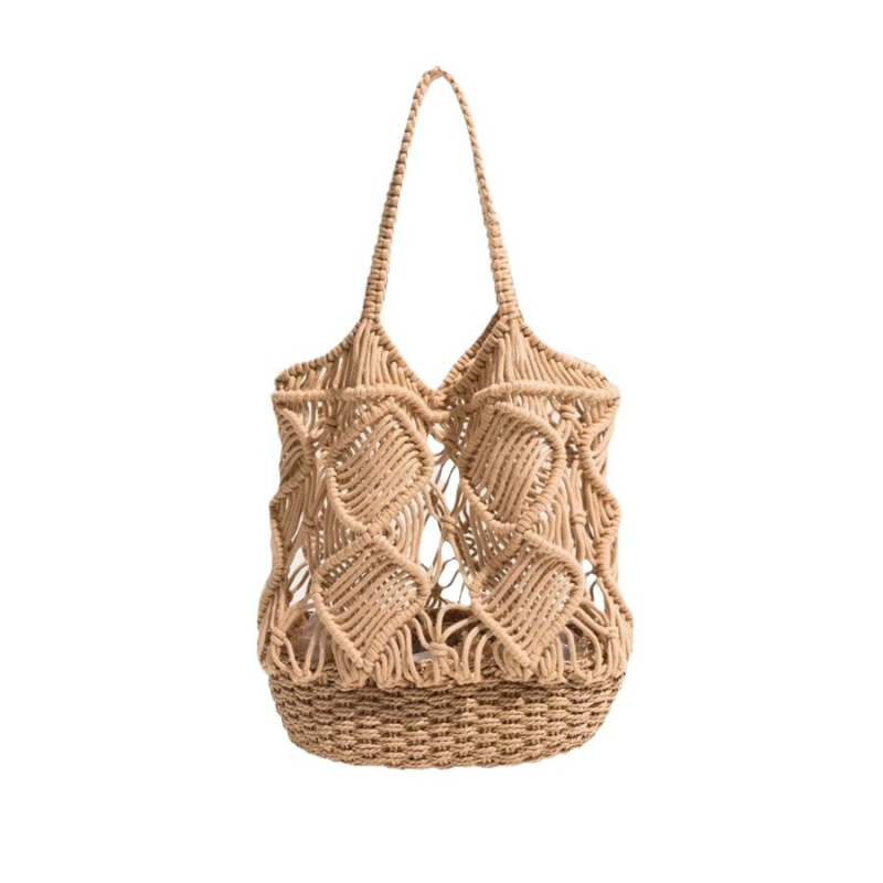 Torba za rameno, ručno pleteni pamuk, vertikalni kvadratni oblik, otvoreni gornji dio, džepovi za telefon/ID/kameru, podstava od platna