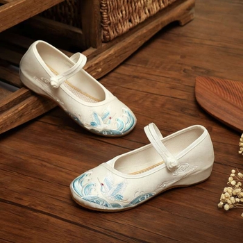 Női Hanfu hímzett vászoncipő, puha EVA talp, pamut felsőrész középmagas, kerek orr, alacsony sarok 1–3 cm, nyár, etnikus stílus