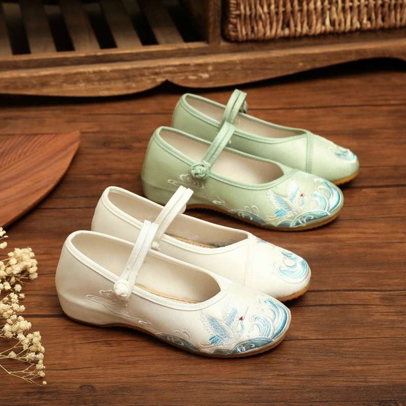 Női Hanfu hímzett vászoncipő, puha EVA talp, pamut felsőrész középmagas, kerek orr, alacsony sarok 1–3 cm, nyár, etnikus stílus