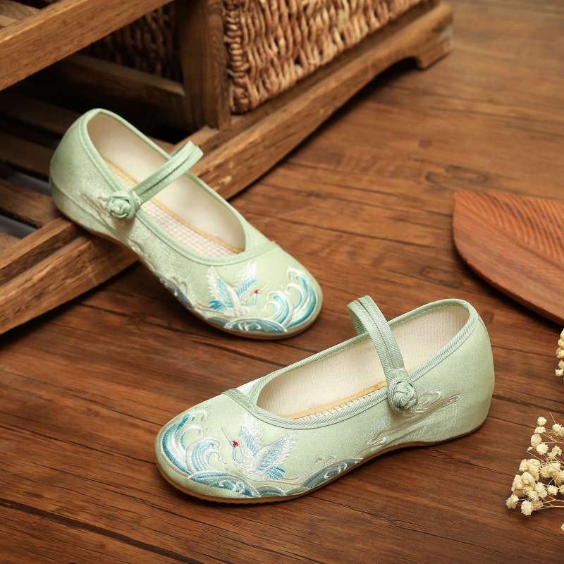 Női Hanfu hímzett vászoncipő, puha EVA talp, pamut felsőrész középmagas, kerek orr, alacsony sarok 1–3 cm, nyár, etnikus stílus