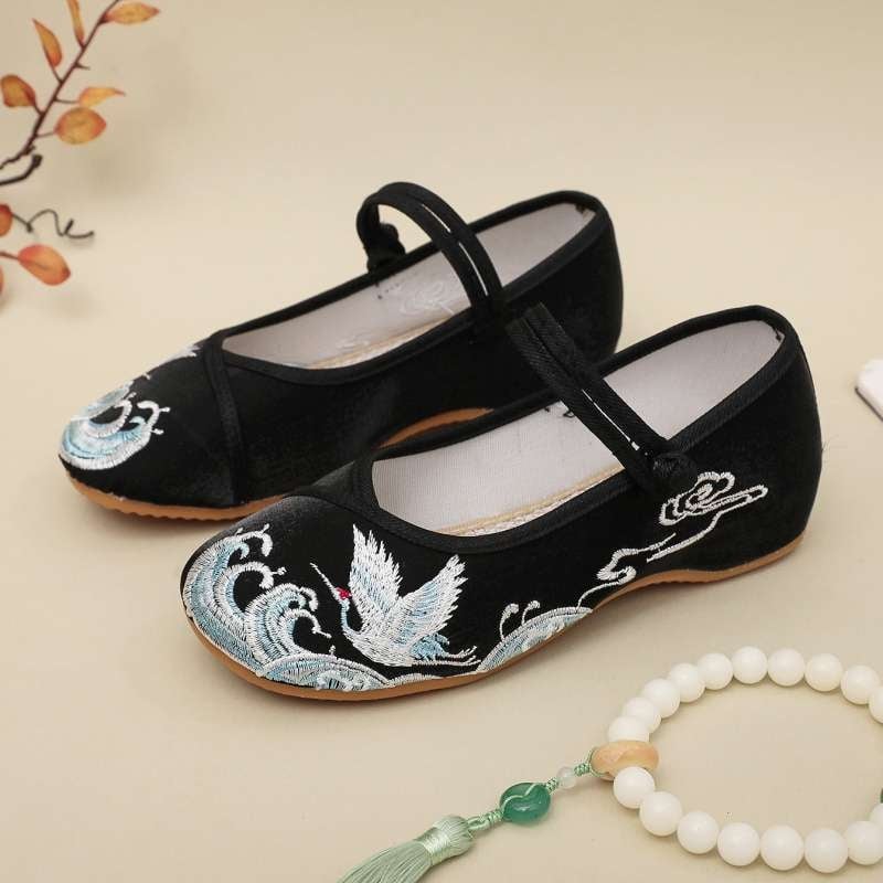 Női Hanfu hímzett vászoncipő, puha EVA talp, pamut felsőrész középmagas, kerek orr, alacsony sarok 1–3 cm, nyár, etnikus stílus