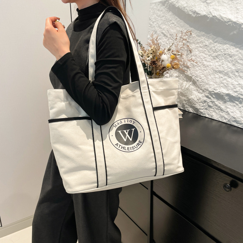 Geantă de canvas pentru femei, stil street fashion, formă orizontală pătrată, buzunare interioare pentru telefon și ID, buzunar laminat cu fermoar și căptușeală