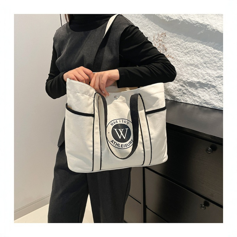 Geantă de canvas pentru femei, stil street fashion, formă orizontală pătrată, buzunare interioare pentru telefon și ID, buzunar laminat cu fermoar și căptușeală