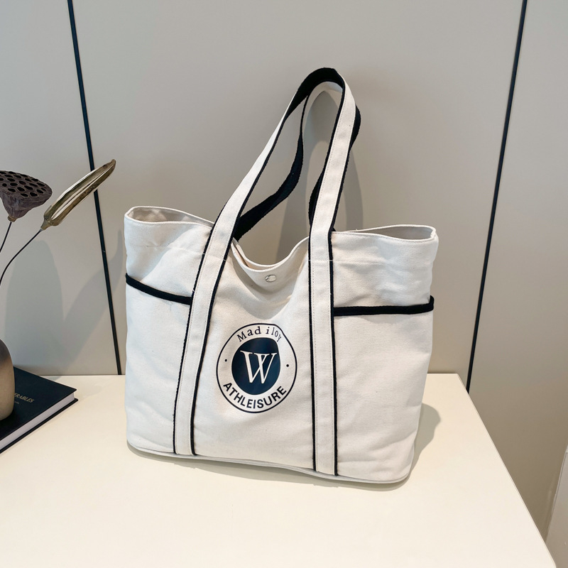 Geantă de canvas pentru femei, stil street fashion, formă orizontală pătrată, buzunare interioare pentru telefon și ID, buzunar laminat cu fermoar și căptușeală