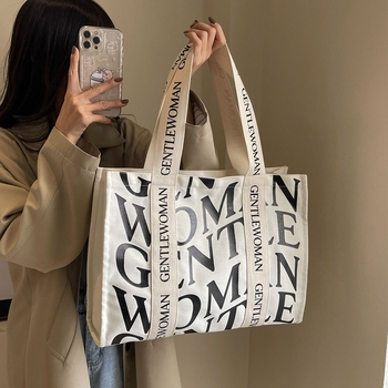 Geantă tote din pânză pentru femei, stil stradal, închidere cu fermoar, căptușeală din poliester, formă orizontală dreptunghiulară, două bretele de umăr