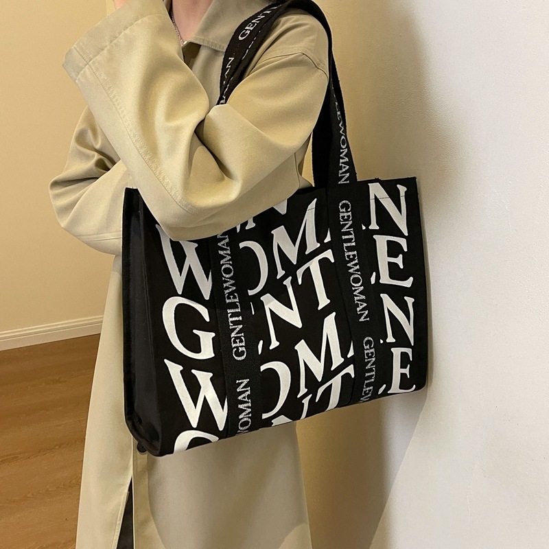 Geantă tote din pânză pentru femei, stil stradal, închidere cu fermoar, căptușeală din poliester, formă orizontală dreptunghiulară, două bretele de umăr