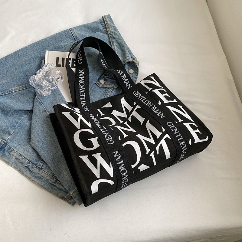 Geantă tote din pânză pentru femei, stil stradal, închidere cu fermoar, căptușeală din poliester, formă orizontală dreptunghiulară, două bretele de umăr