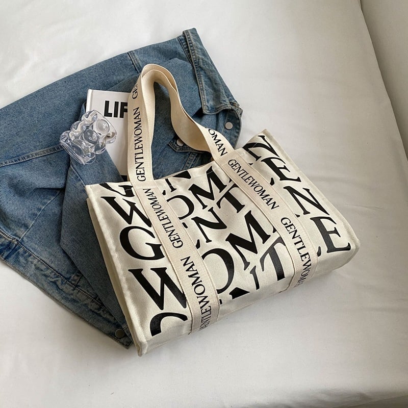 Geantă tote din pânză pentru femei, stil stradal, închidere cu fermoar, căptușeală din poliester, formă orizontală dreptunghiulară, două bretele de umăr
