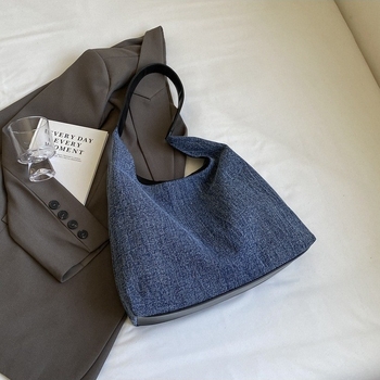 Geantă Tote din denim pentru femei, închidere magnetică, formă verticală pătrată, buzunar interior cu fermoar, căptușeală din poliester