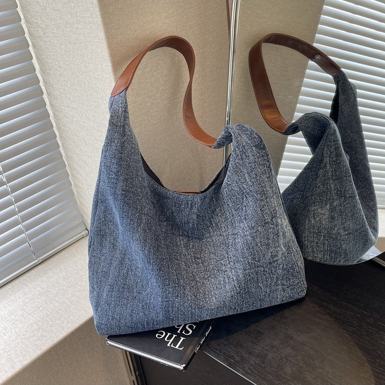 Geantă Tote din denim pentru femei, închidere magnetică, formă verticală pătrată, buzunar interior cu fermoar, căptușeală din poliester